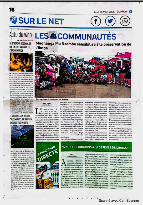 Membres de Mahanga Ma Nzambe sensibilisant à la préservation de l’iboga au Gabon lors d’une caravane culturelle Members of Mahanga Ma Nzambe raising awareness about iboga preservation in Gabon during a cultural caravan