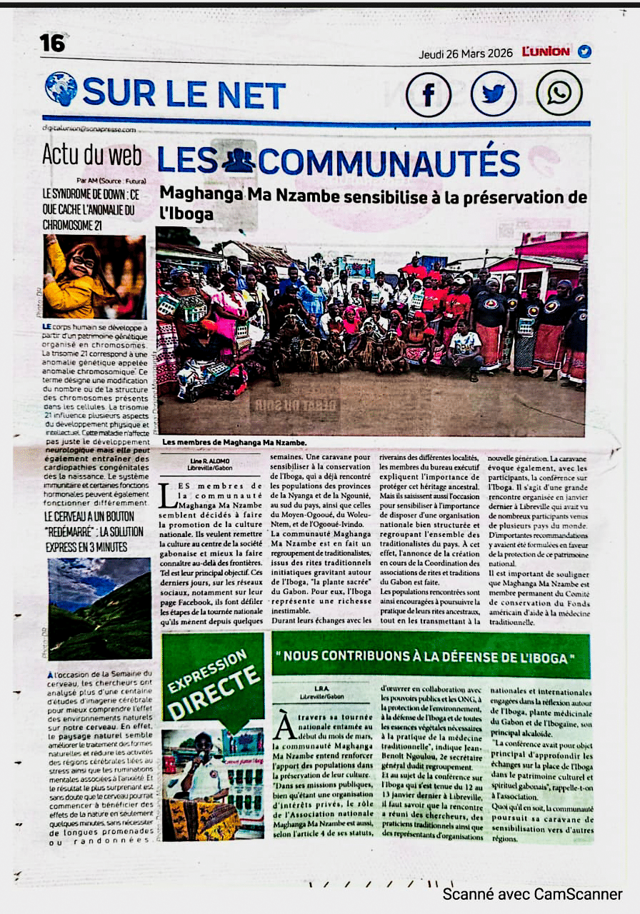 Membres de Mahanga Ma Nzambe sensibilisant à la préservation de l’iboga au Gabon lors d’une caravane culturelle Members of Mahanga Ma Nzambe raising awareness about iboga preservation in Gabon during a cultural caravan