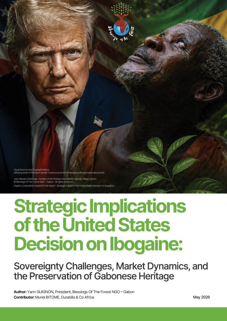 Cover of the report Strategic Implications of the United States Decision on Ibogaine by Yann Guignon and Muriel Bitome-DURABILIS & CO Africa, analyzing sovereignty challenges, market dynamics and the preservation of Gabonese heritage.