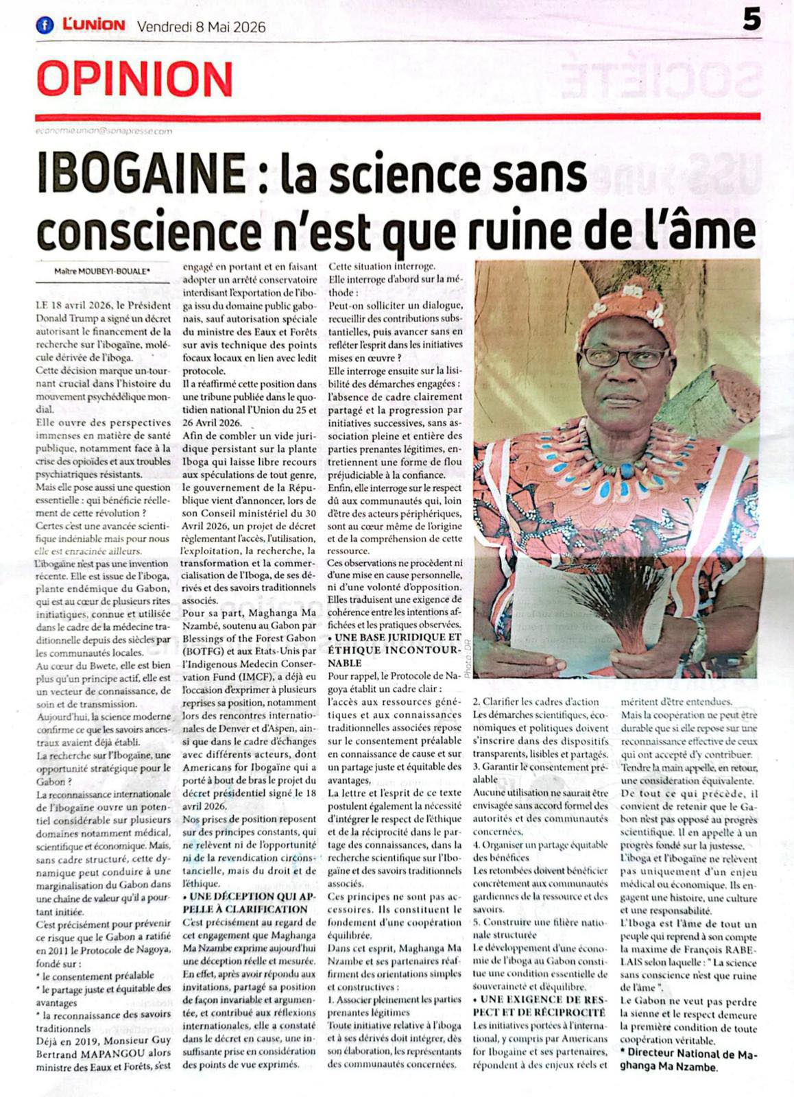 Article de presse sur l’ibogaïne, la recherche psychédélique et la protection des savoirs traditionnels du Gabon. Newspaper article about ibogaine research, psychedelic science, and the protection of Gabonese traditional knowledge